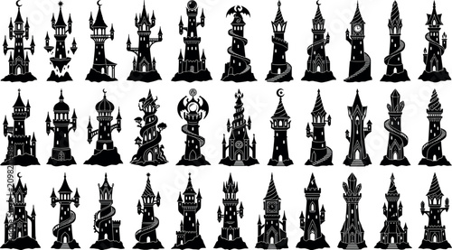 Tableau sur toile Fantasy wizard tower and dark castle silhouette icons bundle for medieval rolepl