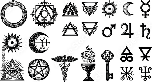 Tableau sur toile Alchemical occult symbols vector set featuring uroboros eye of providence pentag