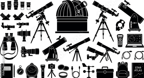 Fotografía Astronomical observatory telescope silhouettes bundle professional stargazing eq