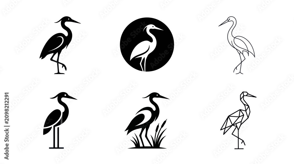 Naklejka premium Heron and egret bird silhouette and outline collection.
