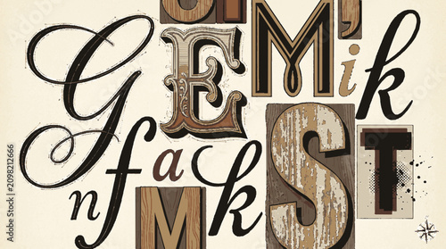 Collage of mixed typography featuring vintage serif and elegant cursive lettering styles on a textured off white background surface