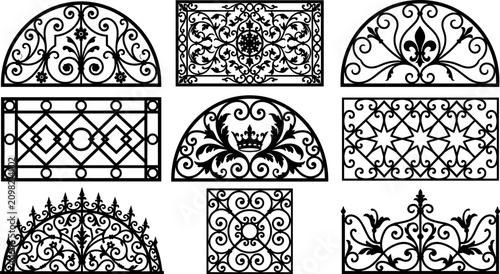 Bild auf Leinwand Ornate wrought iron window grill vector silhouette set featuring decorative baro