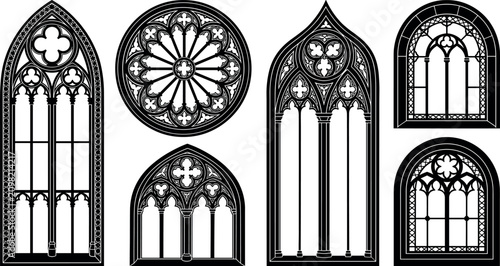 Fotografie Gothic cathedral window silhouettes set ornate medieval church arched frames and