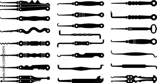 Принти на полотні Lock pick set vector silhouette icons featuring locksmith tools tension wrenches