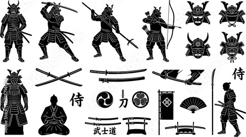 Bild auf Leinwand Japanese samurai warrior silhouettes mega bundle traditional shogun armor katana