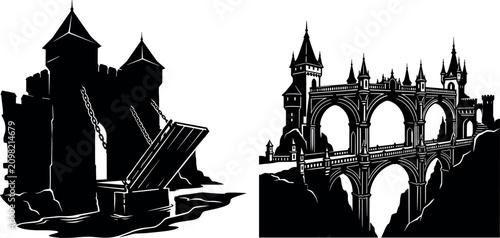 Billede på lærred Medieval drawbridge and fantasy castle bridge silhouettes composition for gothic