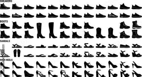 Obraz na plátně Men and women footwear shoes silhouettes mega collection including sports sneake