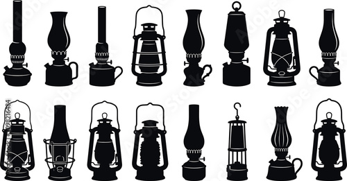 Bild auf Leinwand Vintage kerosene lamp and antique lantern silhouette vector set featuring retro