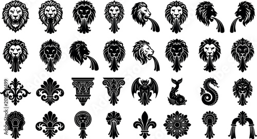 Photos Vintage lion head fountain spouts and baroque architectural ornaments set classi