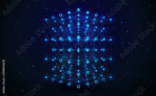 Cube abstract digital technology structure with glowing blue data network lines