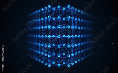 Abstract glowing blue neural network cube representing artificial intelligence data