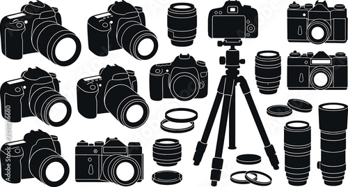 Obraz na płótnie Professional photography equipment silhouettes collection DSLR and vintage film