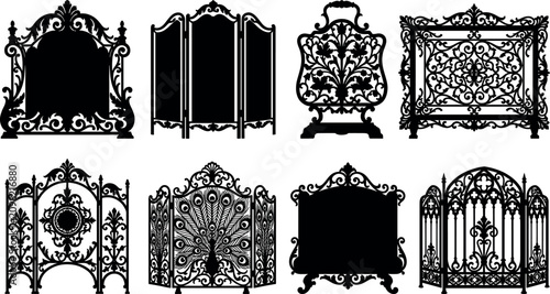 Set of antique fireplace screen silhouettes vintage folding room dividers ornamental wrought iron frames and decorative baroque panel vector icons