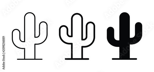 Schilderij op canvas Three Cactus Icons: A trio of stylized cactus symbols in outline and solid fill, representing desert flora and graphic design elements