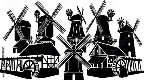 Cuadro en lienzo Traditional Dutch windmill and vintage watermill silhouettes composition for Net