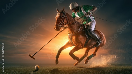 Professional Polo Player Riding Horse During Sunset Game