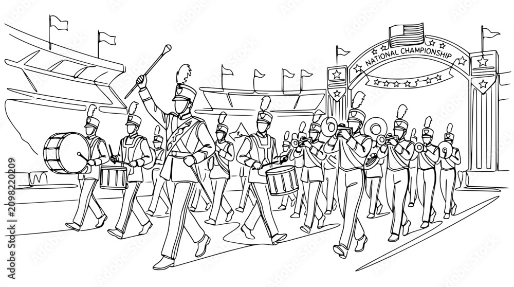 Obraz premium Marching Band Parade Performance, Drum Majors, Musicians, Stadium Archway, Outline Illustration