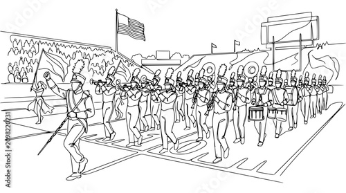 Фотография High School Marching Band Parade on Football Field, Drum Major Leading