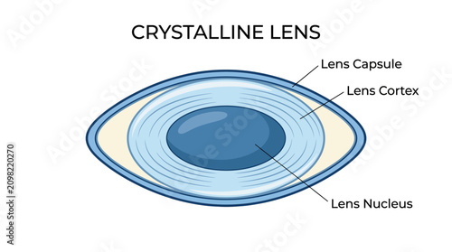 Fényképezés Detailed illustration of a crystalline lens with labeled parts including lens capsule, lens cortex, and lens nucleus on a white background