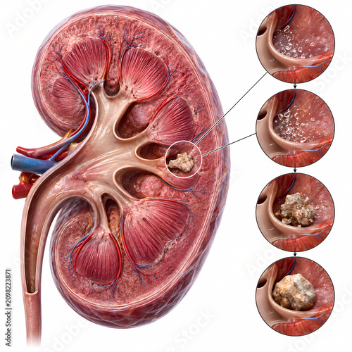 Kidney stone formation and progression stages medical illustration
