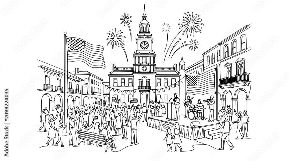 Naklejka premium American Independence Day Celebration in Town Square with Fireworks and Parade