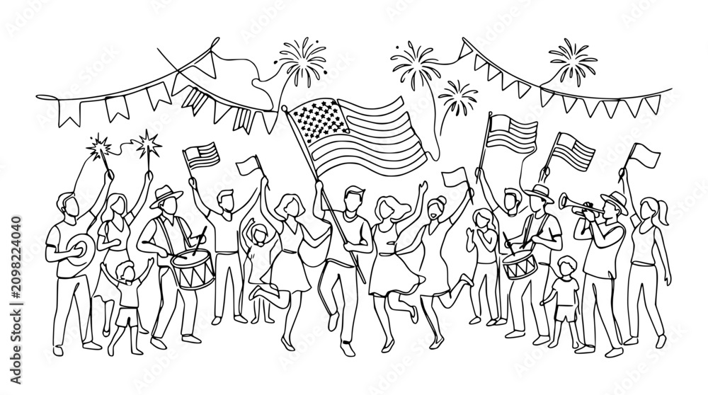 Fototapeta premium Celebration Crowd Waving American Flags with Fireworks and Bunting