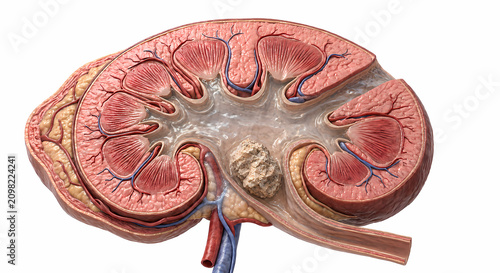 Human kidney cross section showing large renal calculus 3d illustration