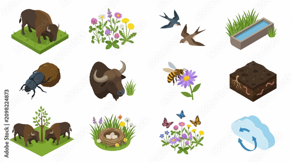 Fototapeta premium Colorful cartoon animals and plants in a flat design style.