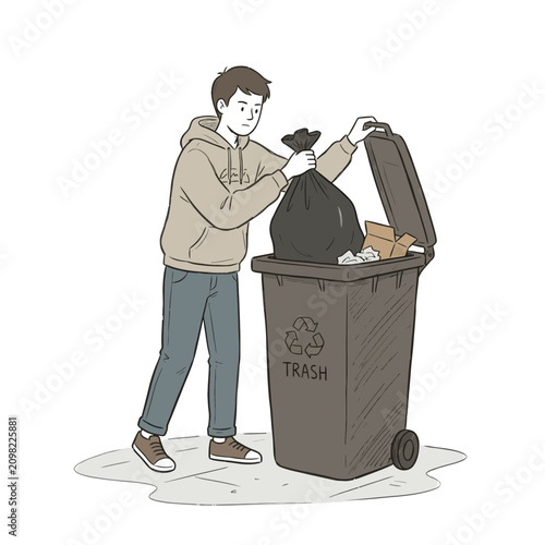 Man throwing trash bag into bin