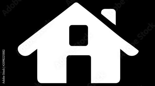 Minimalist white house icon on a black background, representing home, property, real estate, and digital navigation.