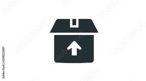 Minimalist dark grey upload box icon with upward arrow for shipping, package delivery, logistics, and e-commerce