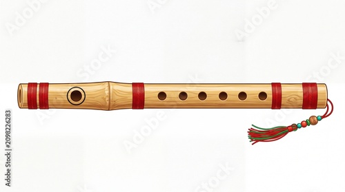 Traditional wooden bamboo flute musical instrument with red decorative tassel detail shown on transparent background