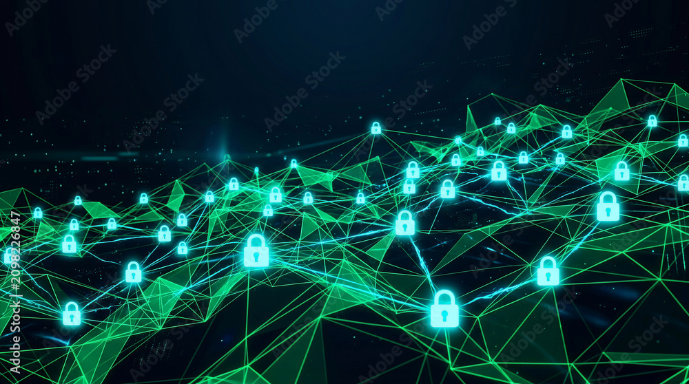 Obraz premium Glowing green cyber security digital network mesh with secure padlock icons representing encrypted data protection and global system safety
