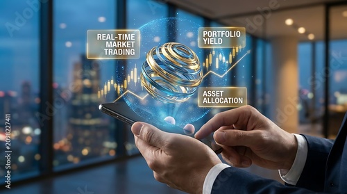Financial analyst using mobile app for real-time market trading and asset allocation