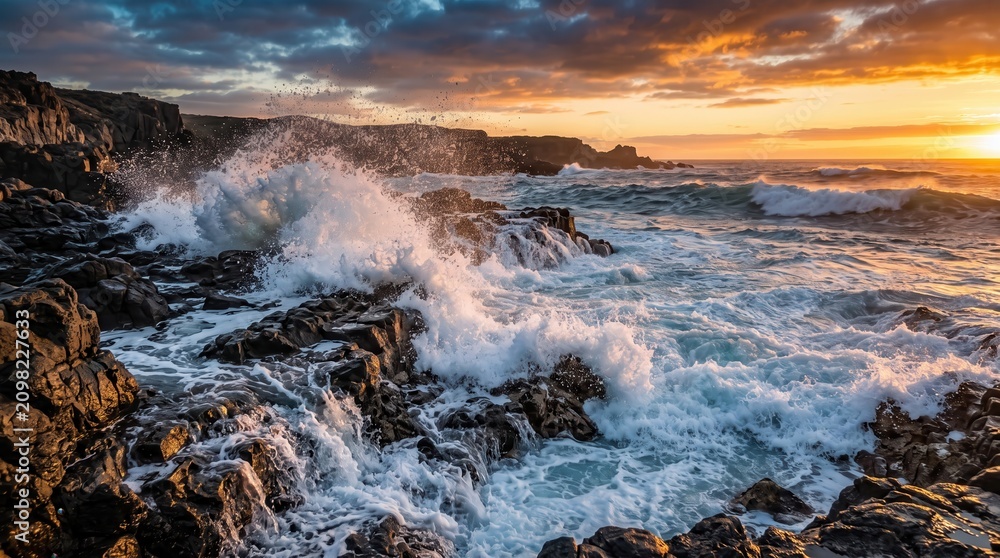 Fototapeta premium Powerful Ocean Waves Crashing Against Jagged Coastal Rocks During a Dramatic Golden Sunset Sky