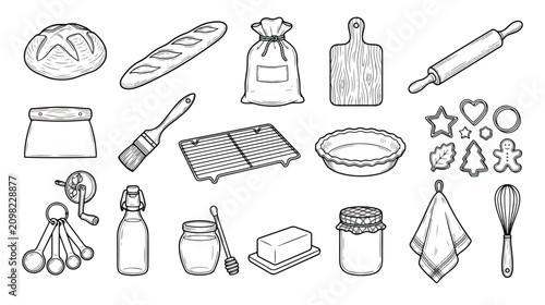 Foto Baking tools and kitchen equipment vector set, hand drawn bread and pastry icons