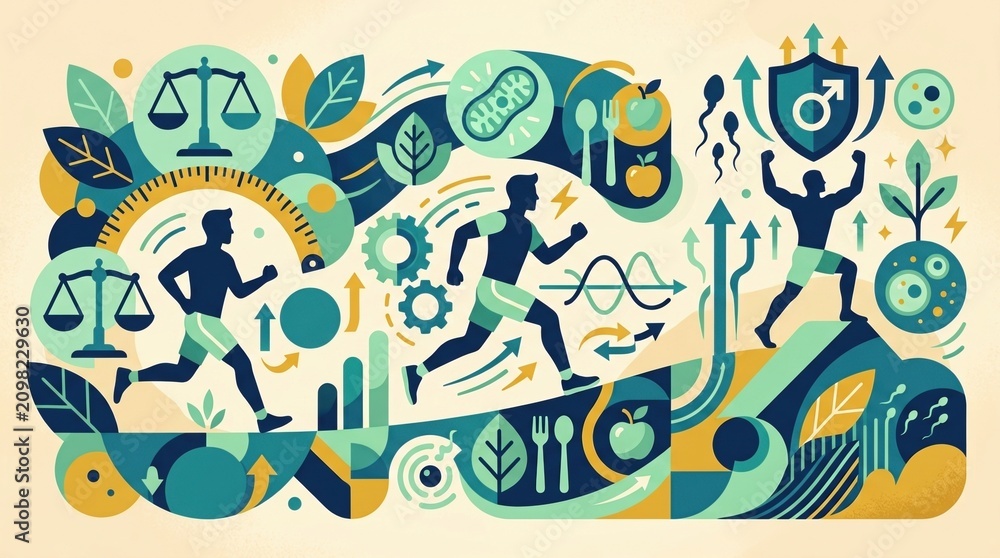Obraz premium Two men are shown engaging in running and wellness activities while surrounded by symbols of health, fitness, and reproductive health concepts.