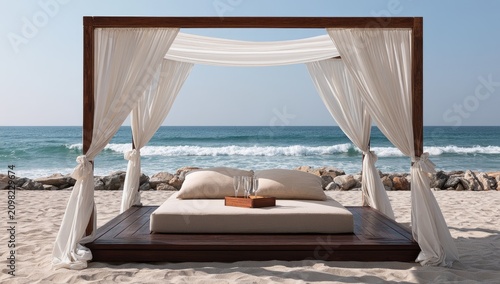 Luxurious canopy bed on a sunny beach with calm ocean waves