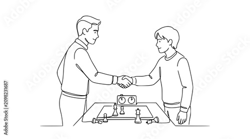 Foto Two men shaking hands over a chessboard, symbolizing sportsmanship and competition