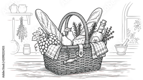 Cuadro en lienzo Vintage picnic basket line art, wicker hamper with baguette and wine, rustic kit