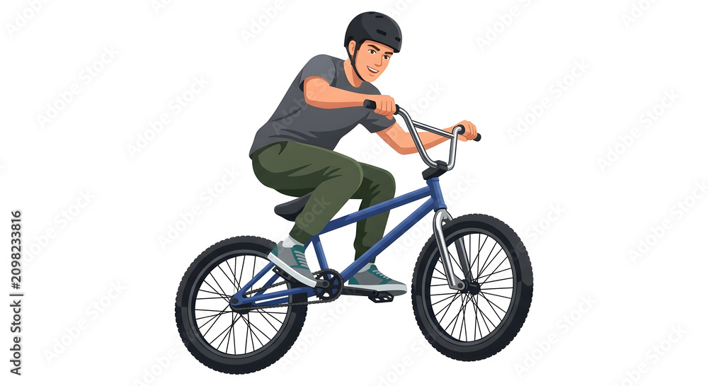 Obraz premium Male cyclist performing tricks on blue BMX bike wearing safety helmet isolated on white background