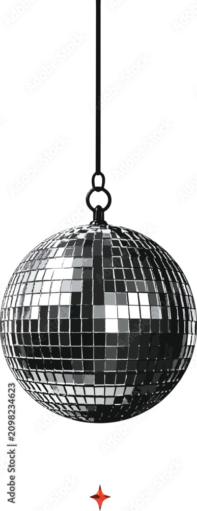 Obraz premium Isolated disco ball with mirrored surface suspended by string, reflecting light, suitable for parties and retro themes