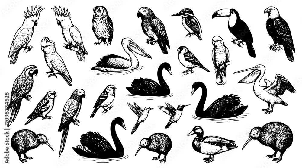 Obraz premium Black and white illustration of various birds on white background