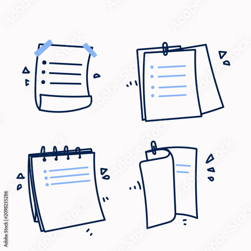 Hand drawn doodle illustration set featuring notebooks, paper sheets, to do lists, and sticky notes. Includes spiral binders, paperclips, checkmarks, and tape details