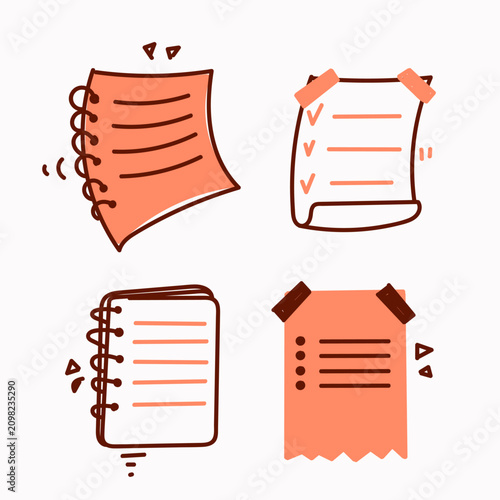 Hand drawn doodle illustration set featuring notebooks, paper sheets, to do lists, and sticky notes. Includes spiral binders, paperclips, checkmarks, and tape details