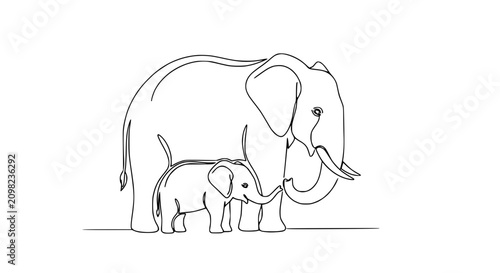 Cuadro en lienzo Mother and baby elephant, continuous line drawing, minimalist, simple, cute, ani