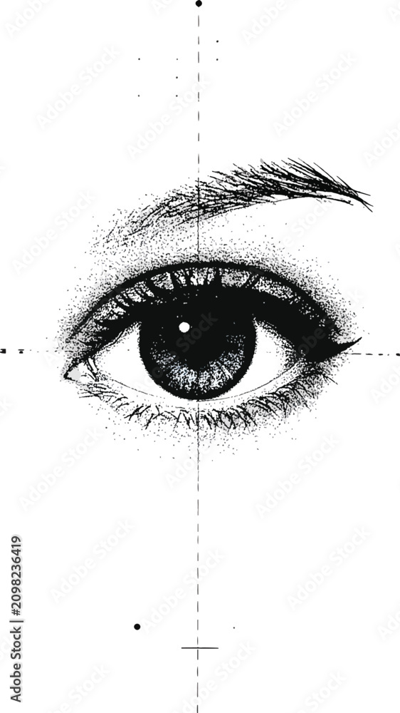 Fototapeta premium Detailed black and white pointillism eye illustration, close up macro view, expressive and observant, perfect for medical or artistic concepts