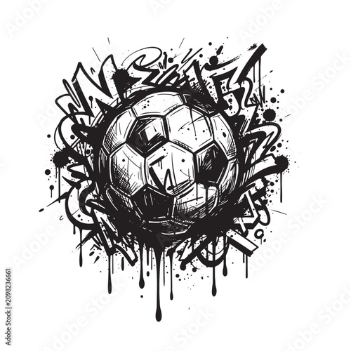 Detailed black and white ink of a soccer ball surrounded by graffiti style markings, paint drips and splatters on a white background