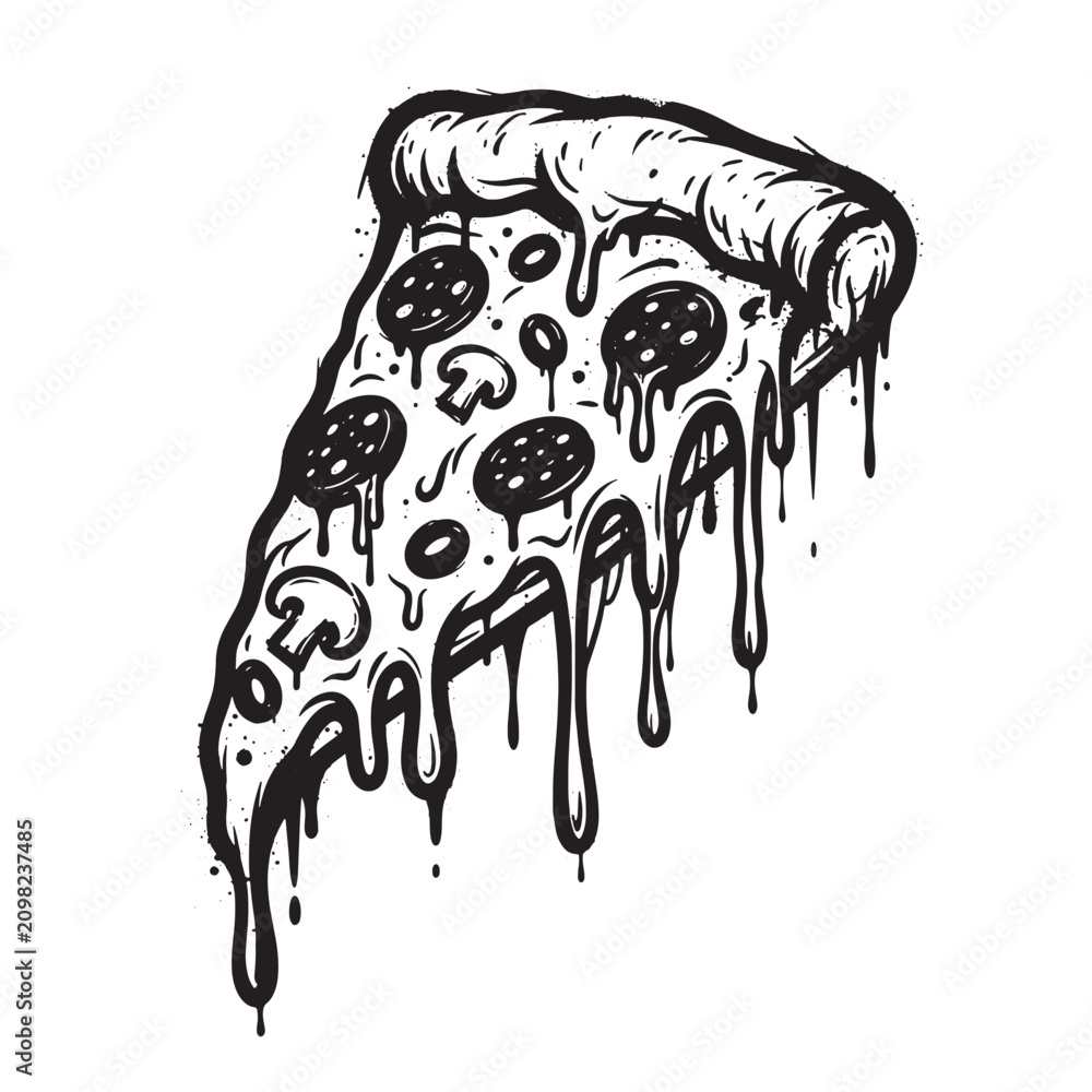 Fototapeta premium Graffiti black and white of a single slice of pepperoni and mushroom pizza with melted cheese dripping down, isolated on a white background, style