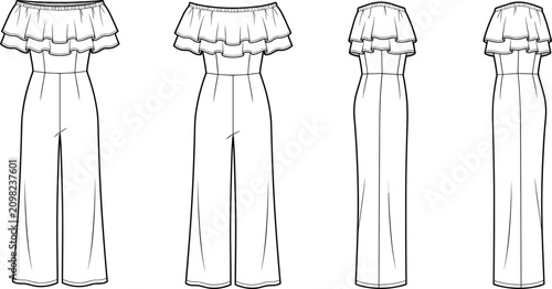 Konstfotografi Fashion technical sketch of an off the shoulder ruffled jumpsuit template showin